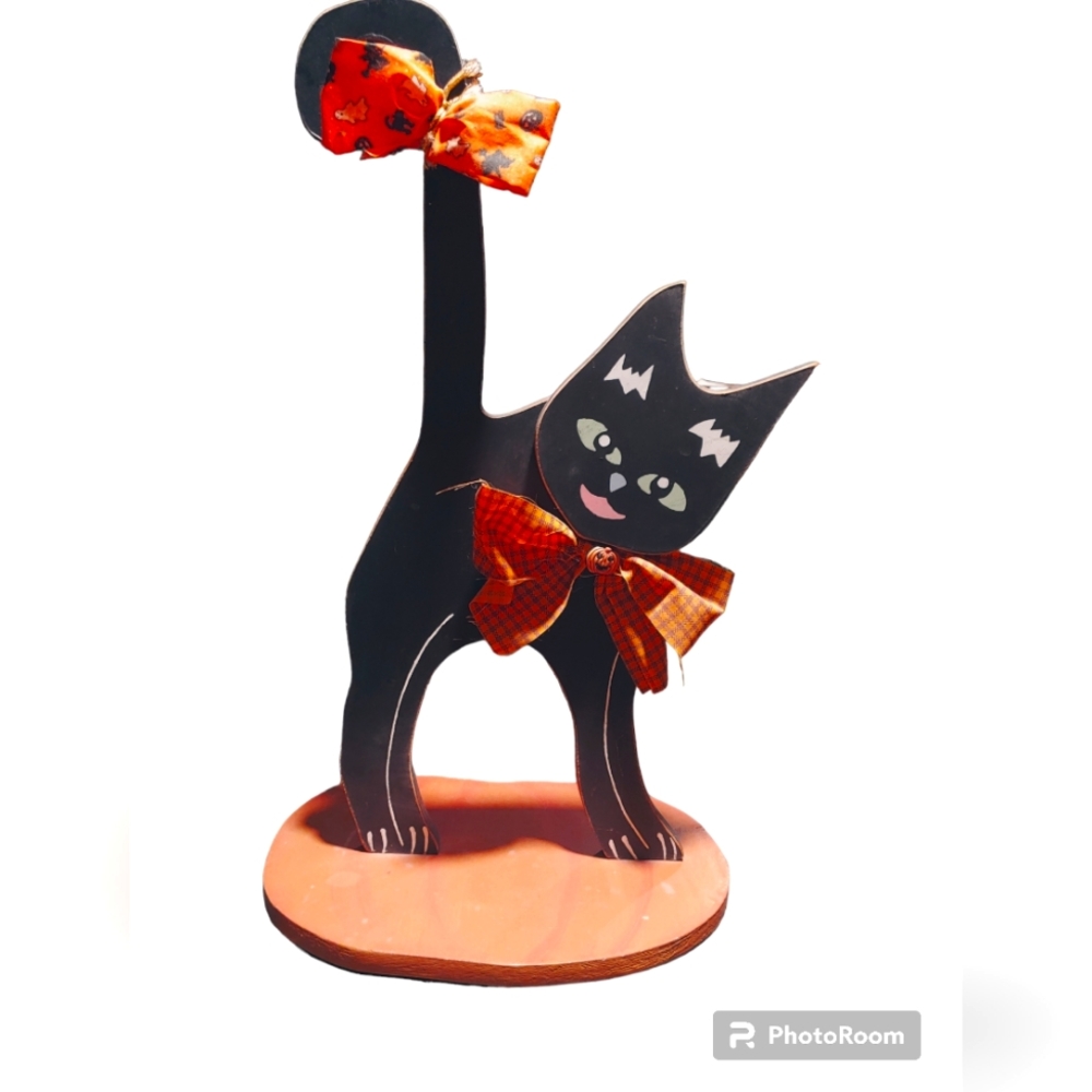 Vintage Painted Wood Cat Halloween Decoration